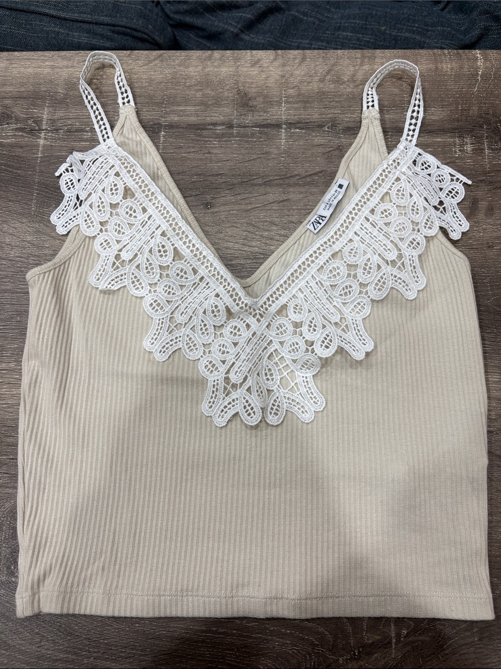 Zara Cream Ribbed Lace-Trim V-Neck Camisole